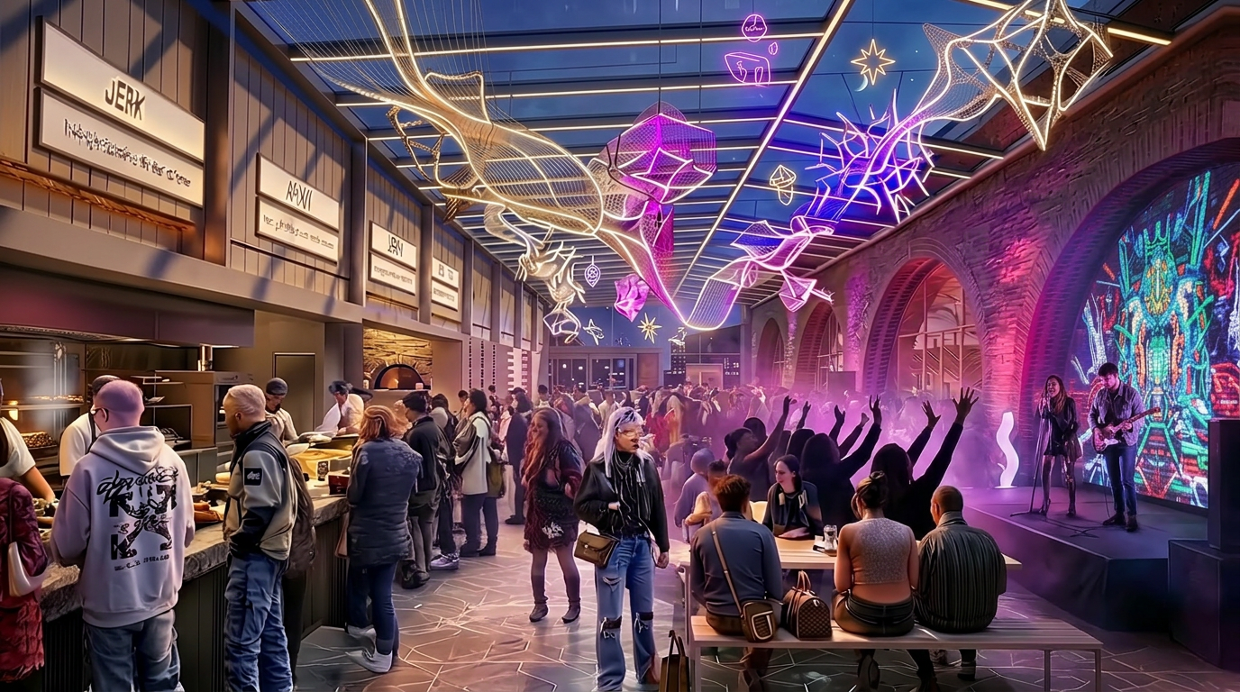 The Festival Courtyard at night — neon sculptures, light installations, live music